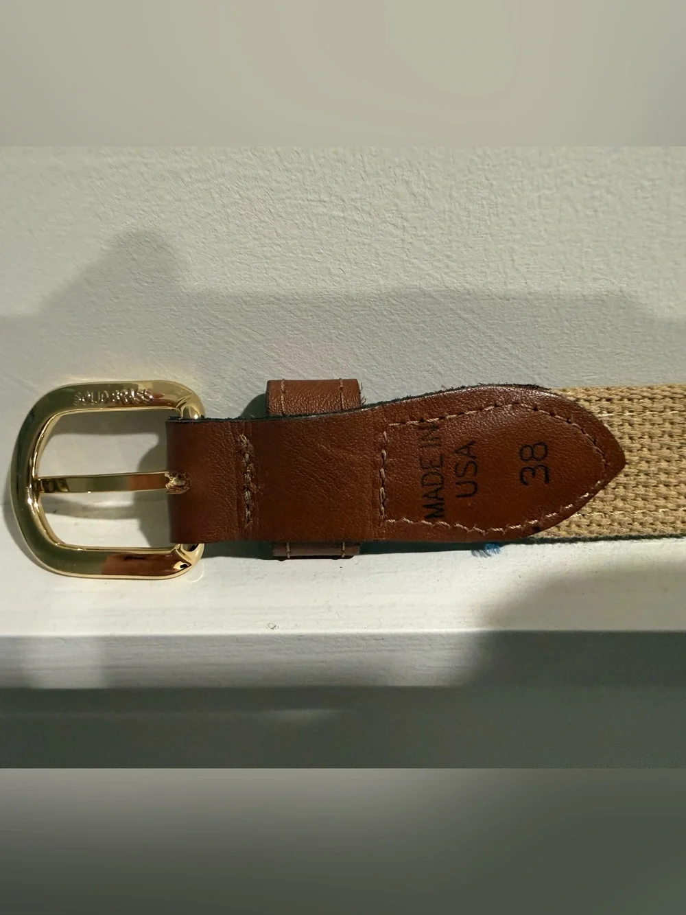 Brown Leather-Trim Navy Embroidered Men’s Belt with Gold Buckle